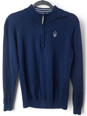 Maserati Sweater Pullover Small Navy Blue Embroidered Trident Logo Quarter Zip